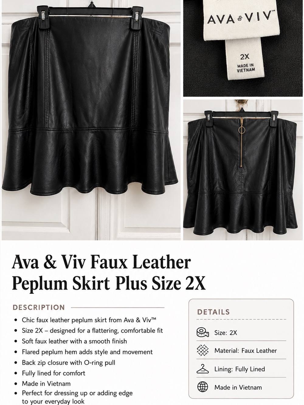 Ava & Viv Black Faux Leather Peplum Skirt Plus Size 2X O-Ring Zip